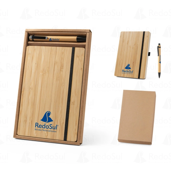 Conjunto de caderno 21 x 14 personalizado com caneta acabamento em bambu