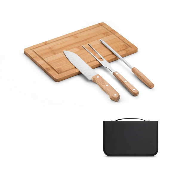 Kit churrasco personalizado em estojo com tábua em bambu 3 pçs
