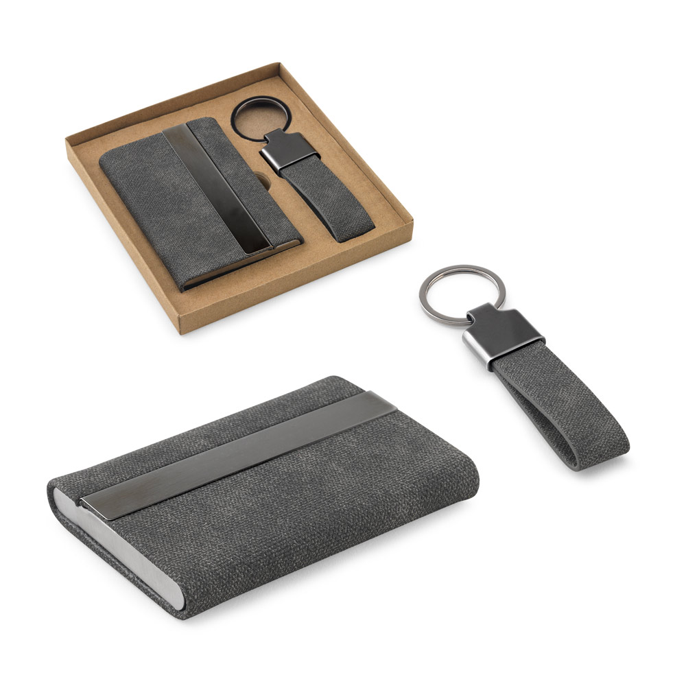 Kit porta-cartões e chaveiro em metal e poliéster reciclado